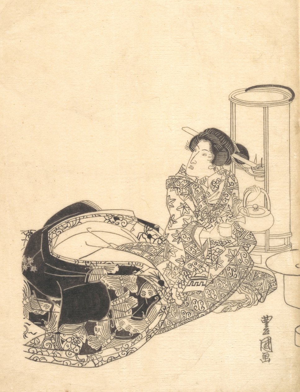 Cortesana o actor como cortesana sirviendo té a la luz de una linterna de Utagawa Toyokuni I