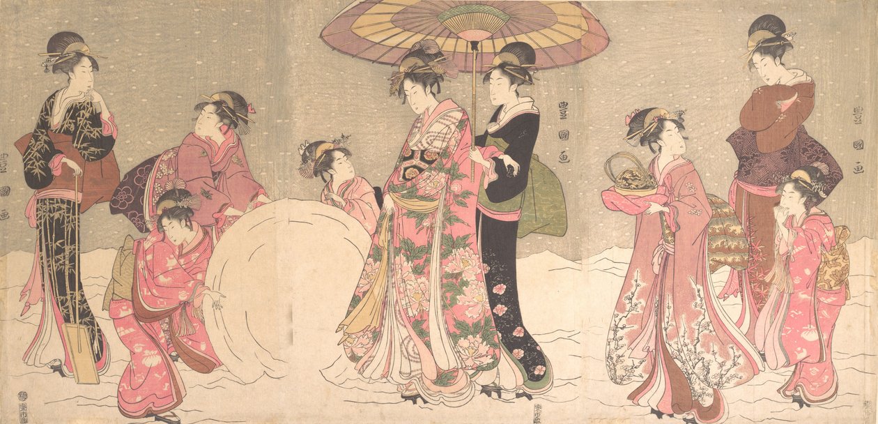 Cortesanas y asistentes haciendo una bola de nieve gigante de Utagawa Toyokuni I