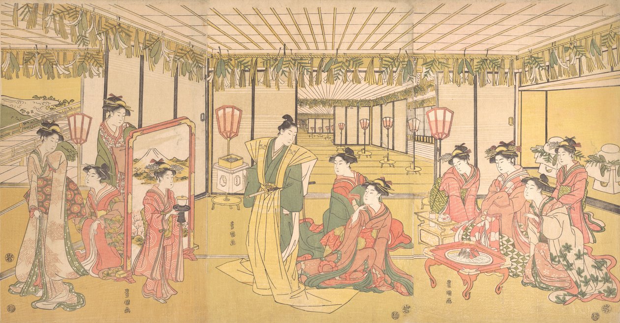 Celebración de Año Nuevo en una gran mansión de Utagawa Toyokuni I
