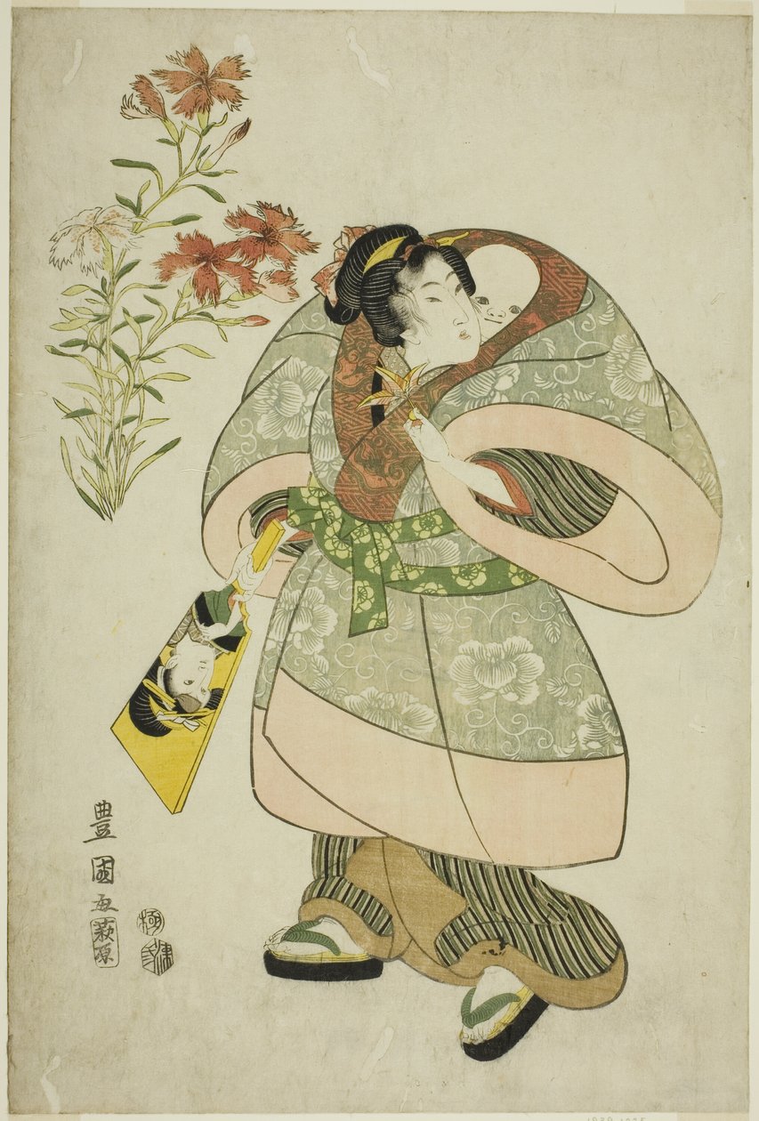 Claveles: enfermera y bebé, de una serie sin título de bellezas y flores de Utagawa Toyokuni I