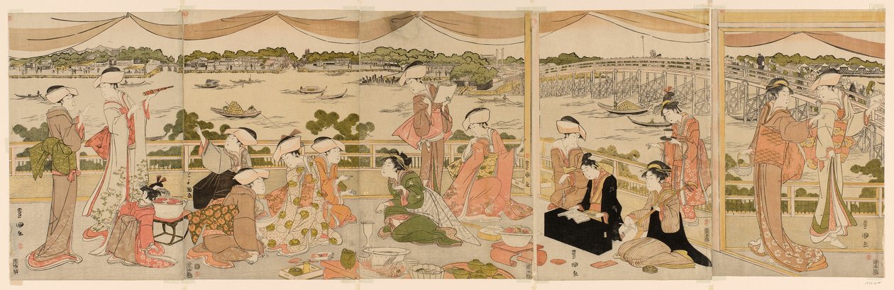 Recital en una veranda con vista al río Sumida de Utagawa Toyokuni I