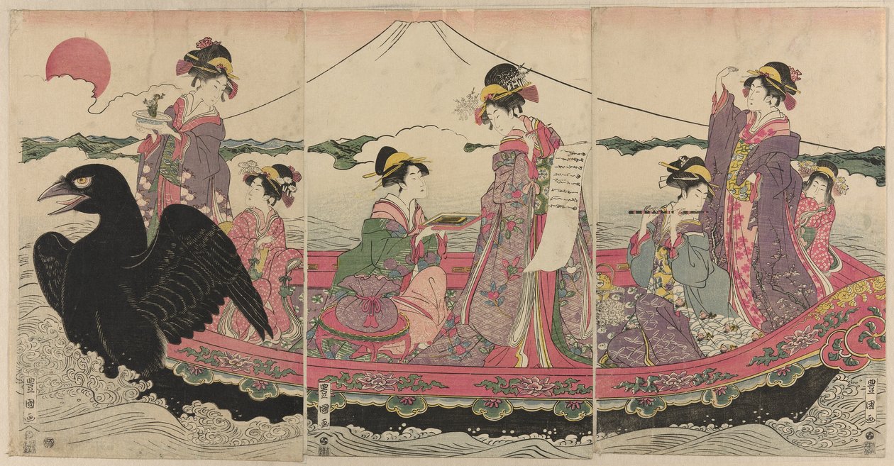 Mujeres en un bote en Año Nuevo imitando a los Siete Dioses de la Fortuna de Utagawa Toyokuni I