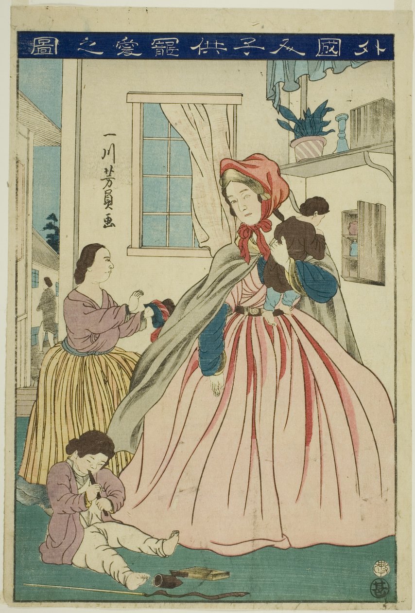 Extranjera cuidando a sus hijos de Utagawa Yoshikazu