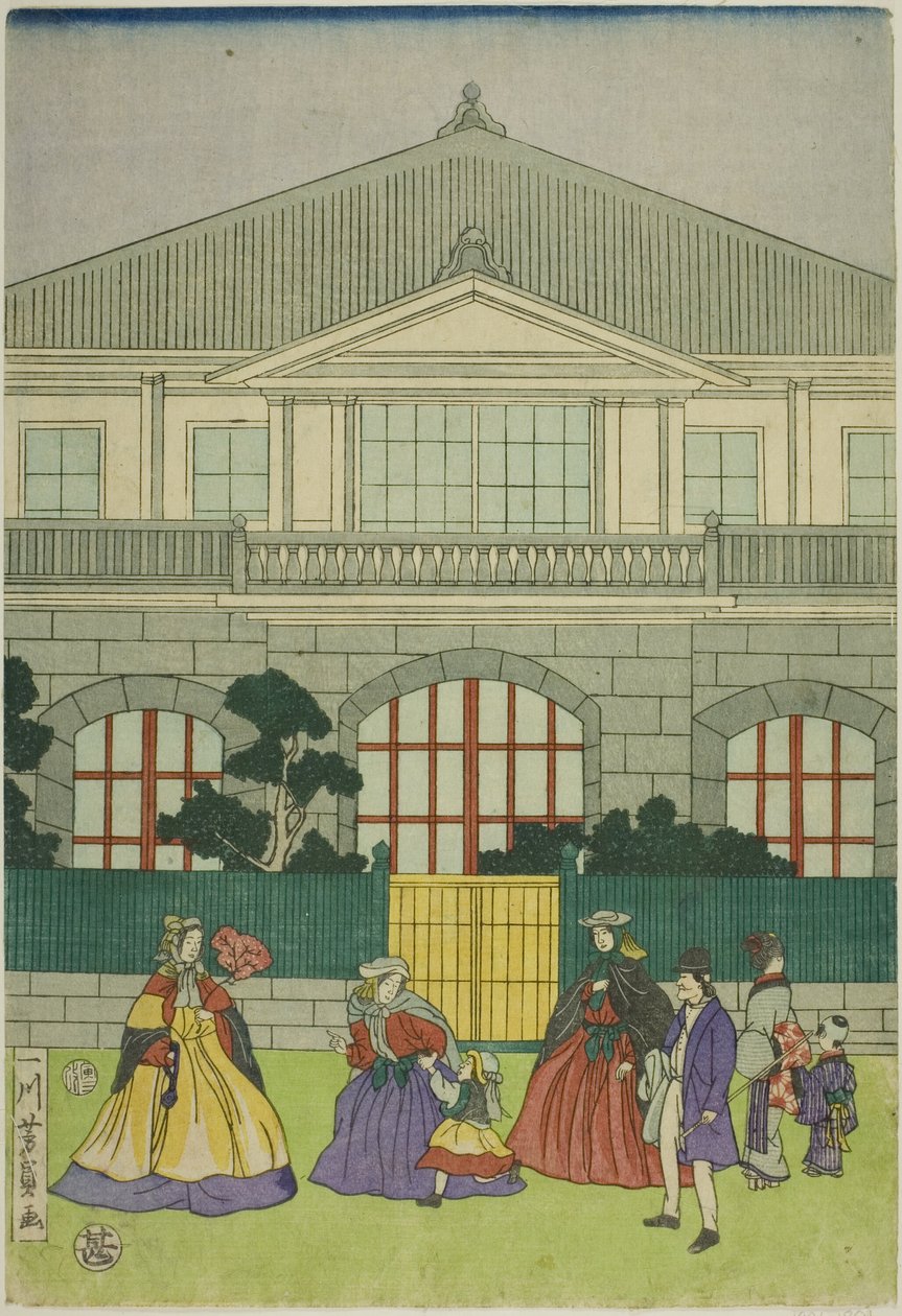 Residencia del Comerciante Francés en el Puerto de Yokohama (Yokohama ko Furansu shokan no zu) de Utagawa Yoshikazu
