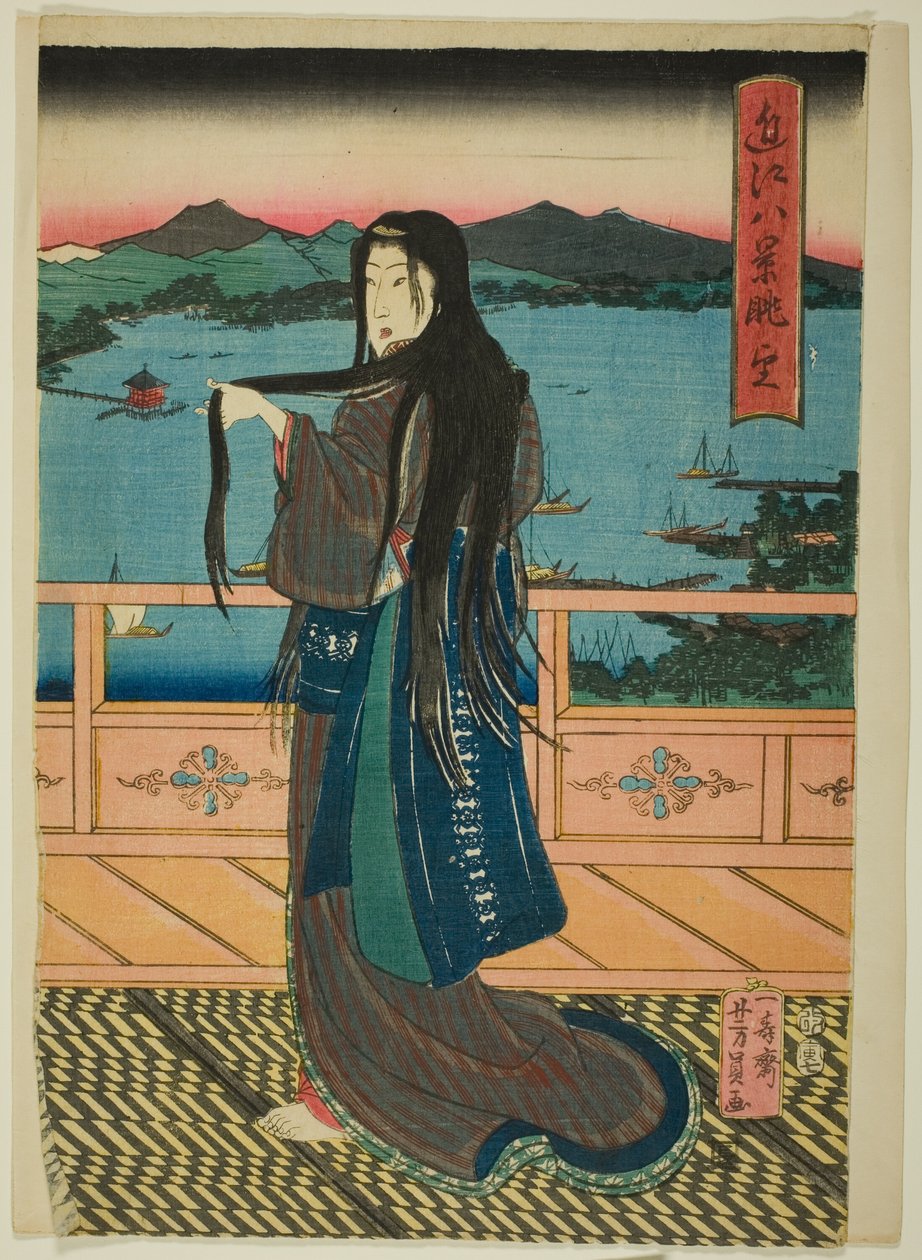 Las ocho vistas del lago Biwa al atardecer (Omi Hakkei Moku) de Utagawa Yoshikazu