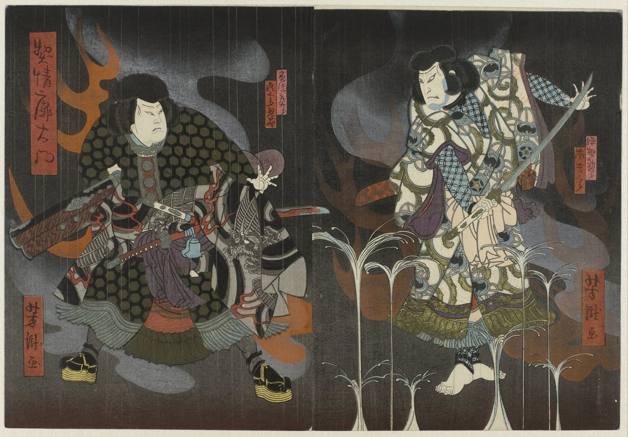 Dos actores entre llamas y humo de Utagawa Yoshitaki