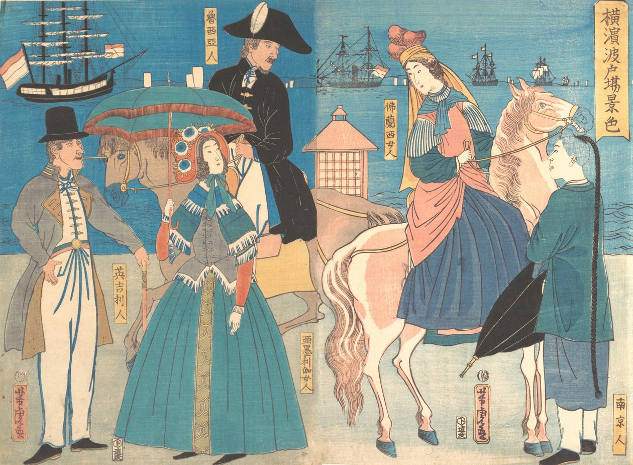 Una vista de los muelles en Yokohama, segundo mes, 1861 de Utagawa Yoshitora