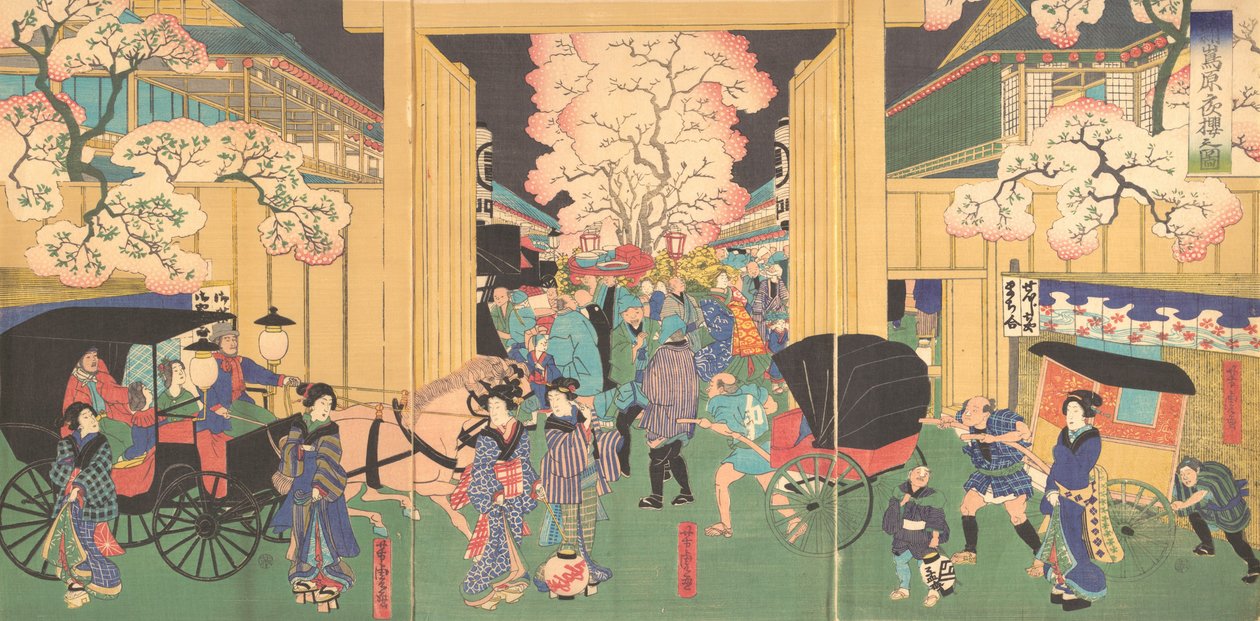 Cerezos en la noche en New Shimabara de Utagawa Yoshitora