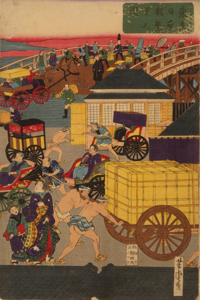 Sección floreciente de Nihonbashi en Tokio. Tríptico de Tokyo Nihonbashi han ei no zu de Utagawa Yoshitora