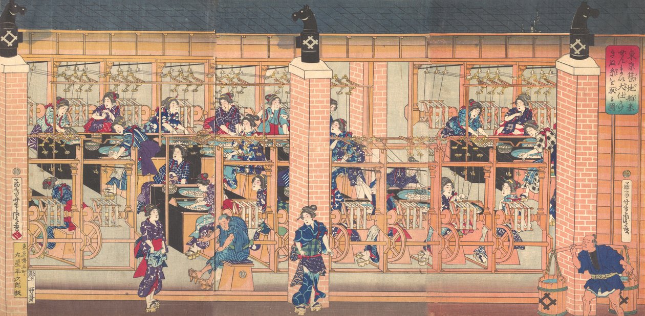 Máquina de devanado de seda importada en Tsukiji en Tokio, 4º mes, 1872 de Utagawa Yoshitora