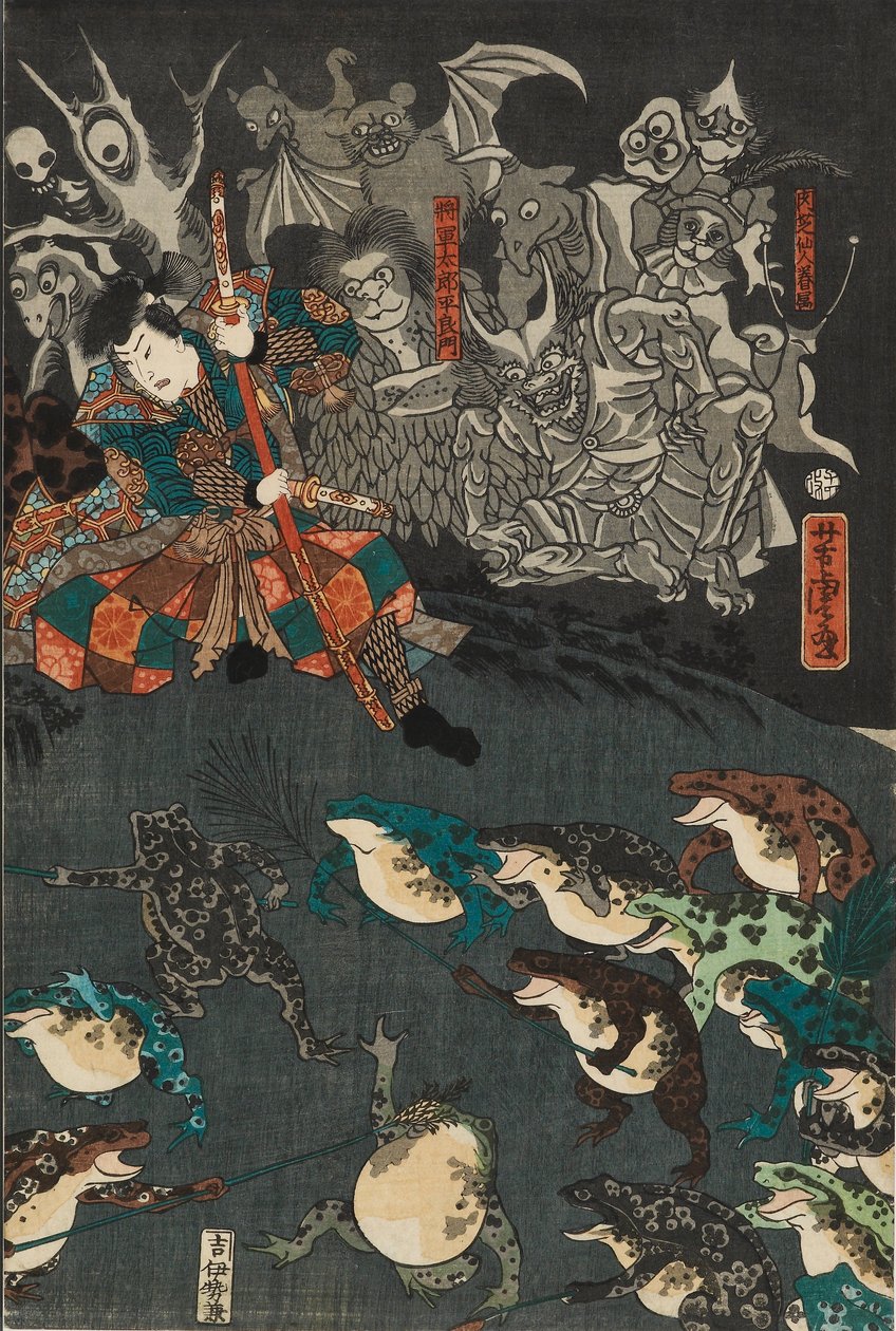 Nikushi el espíritu rana conjura una batalla mágica de ranas en Tateyama en la provincia de Etchu de Utagawa Yoshitora