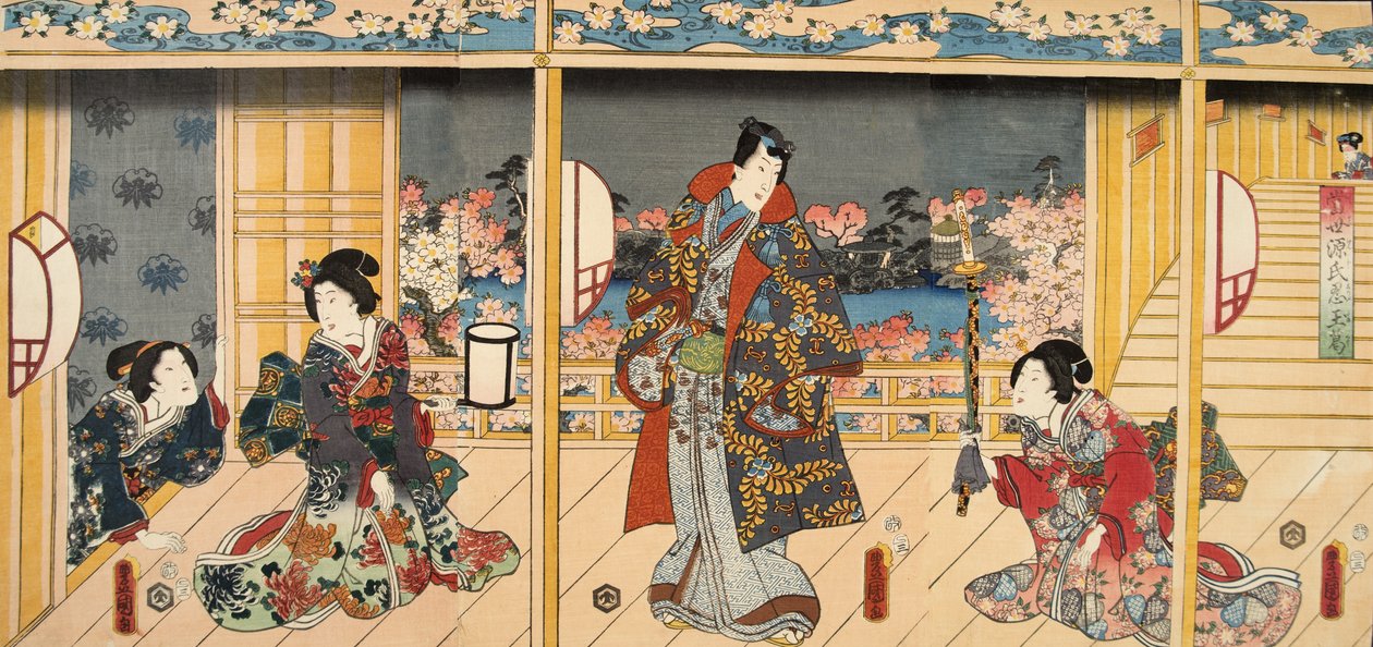 Escena de Genji monogatari (Cuento de Genji) de Murasaki Shibuku de Utagawa and Toyokuni Kuniyoshi