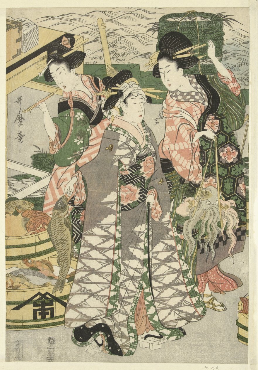 Vista del mercado de pescado en la playa de Shiba [Shiba] no ura uoichi no zu de Utamaro (II) , Kitagawa