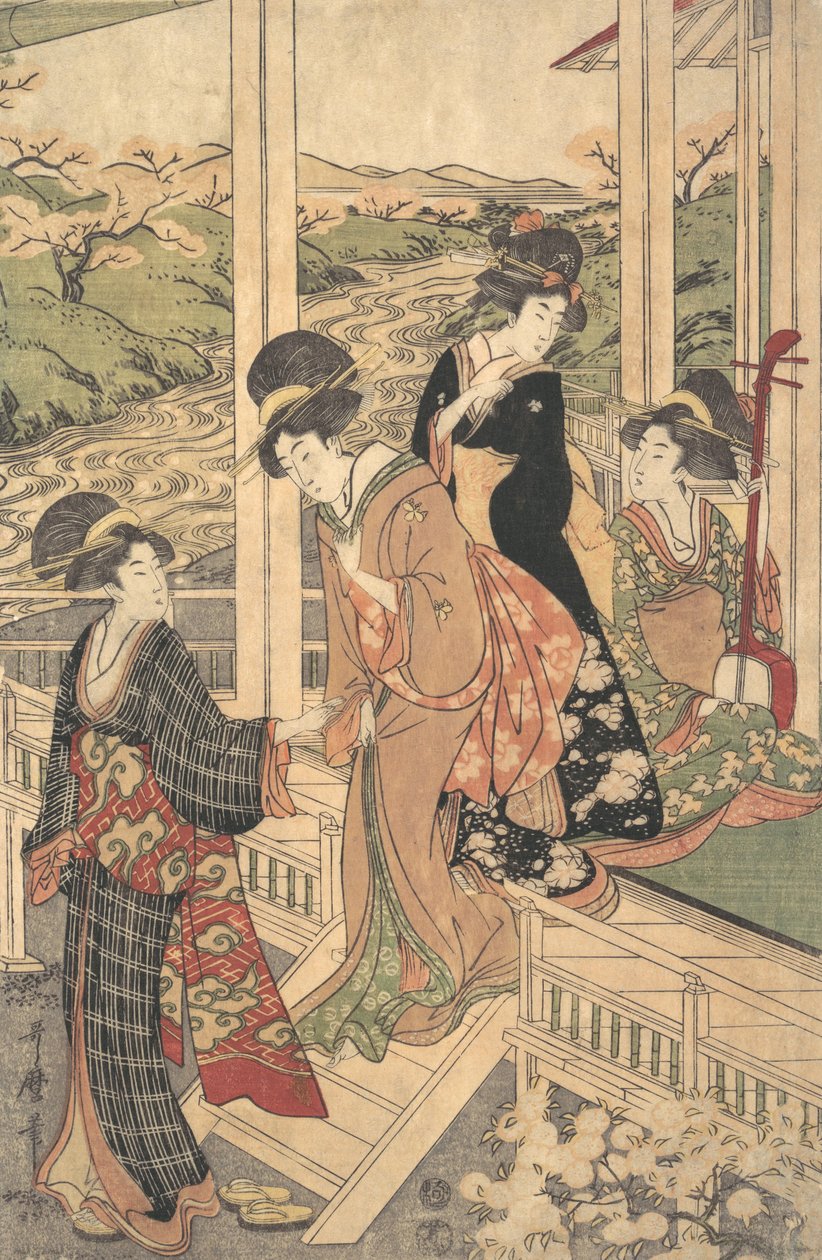 Grupo de mujeres en el Engawa de una casa de campo, en la época de la floración de los cerezos, ca. 1806 de Utamaro II