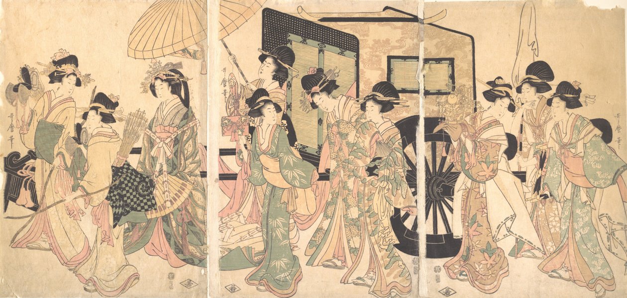 Damas rodeando un carro de Utamaro II