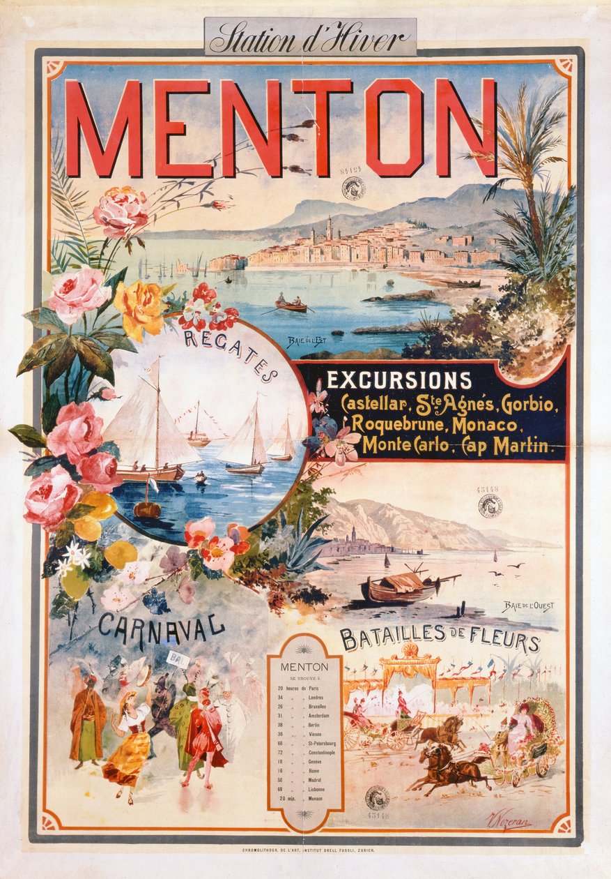 Póster publicitario de Menton como un Resort de Invierno de V. Nozeran