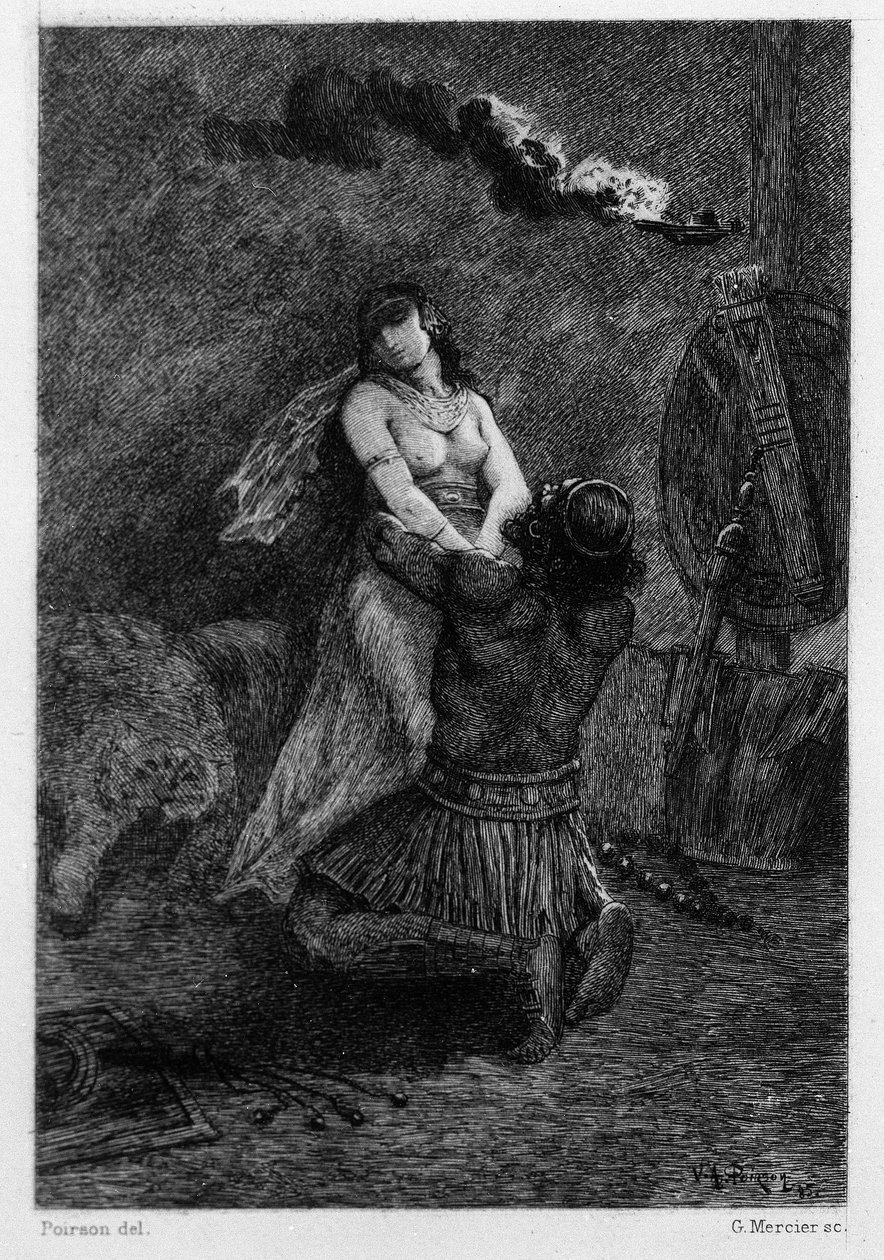 Estaba de rodillas, en el suelo, frente a ella. Ilustración de V.A. Poirson (1890) para la novela “Salambó” de Gustave Flaubert, en el marco de la guerra de los mercenarios en la época de la primera guerra púnica (246-241 a.C.) entre romanos y cartagineses de Victor Armand Poirson