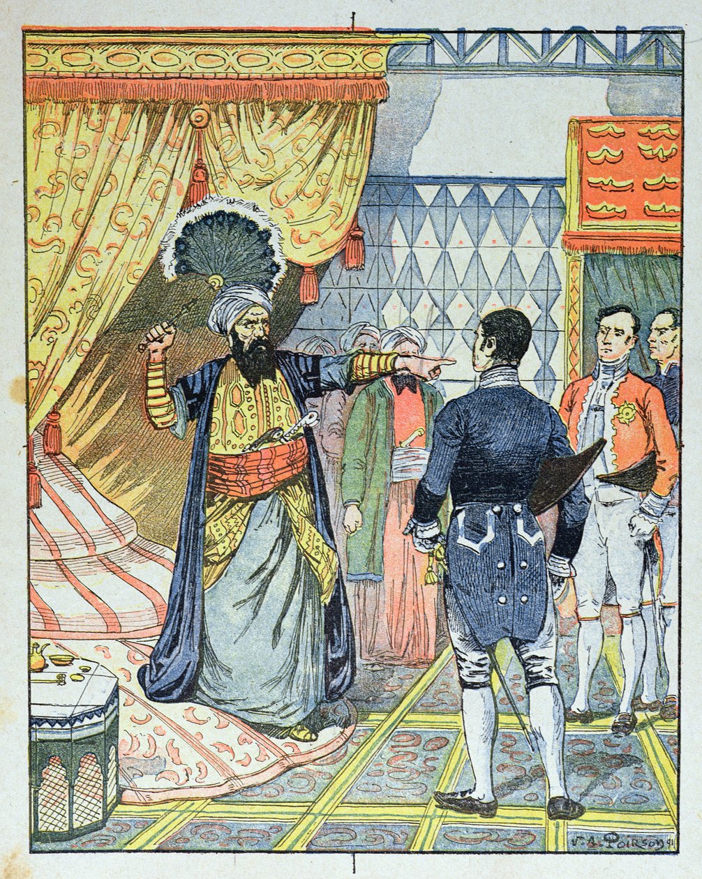 El Dey de Argel, Hussein ibn El Hussein golpea al embajador francés, M. Deval con un abanico, 27 de abril de 1827, portada de un libro de texto escolar, 1891 de Victor Armand Poirson