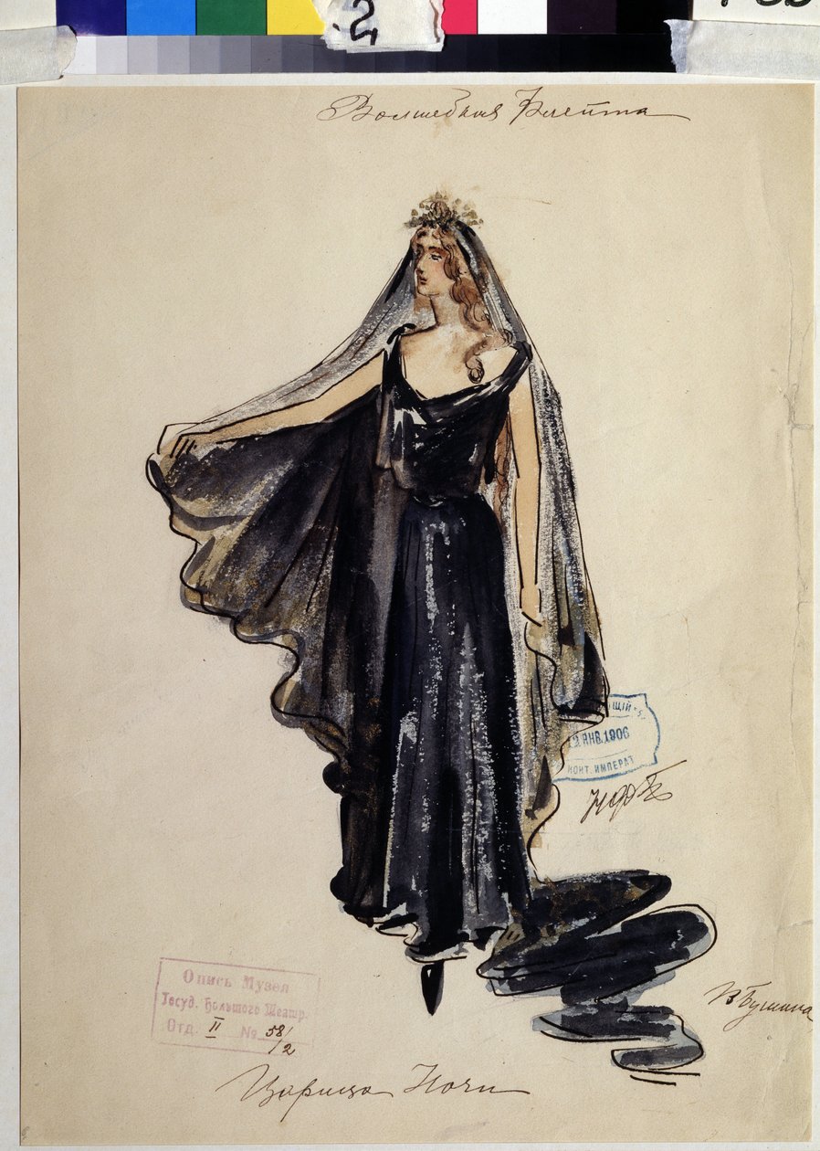 Diseño de vestuario para la ópera "Die Zauberflote" de W A Mozart (1756-1791). Obra de V.Bushina (principios del siglo XIX). Acuarela, gouache y oro sobre papel de V. Bushina
