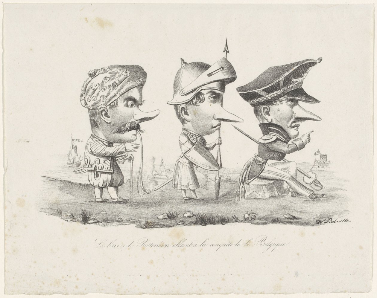 Caricatura de la milicia de Rotterdam, 1830 Les braves de Rotterdam allant à la conquête de la Belgique (título sobre objeto) de V. Dubrulle