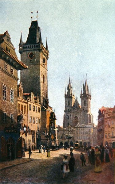 Vista de Staromestsky Rynk con el Ayuntamiento y la Iglesia de Nuestra Señora antes de Tyn, de 