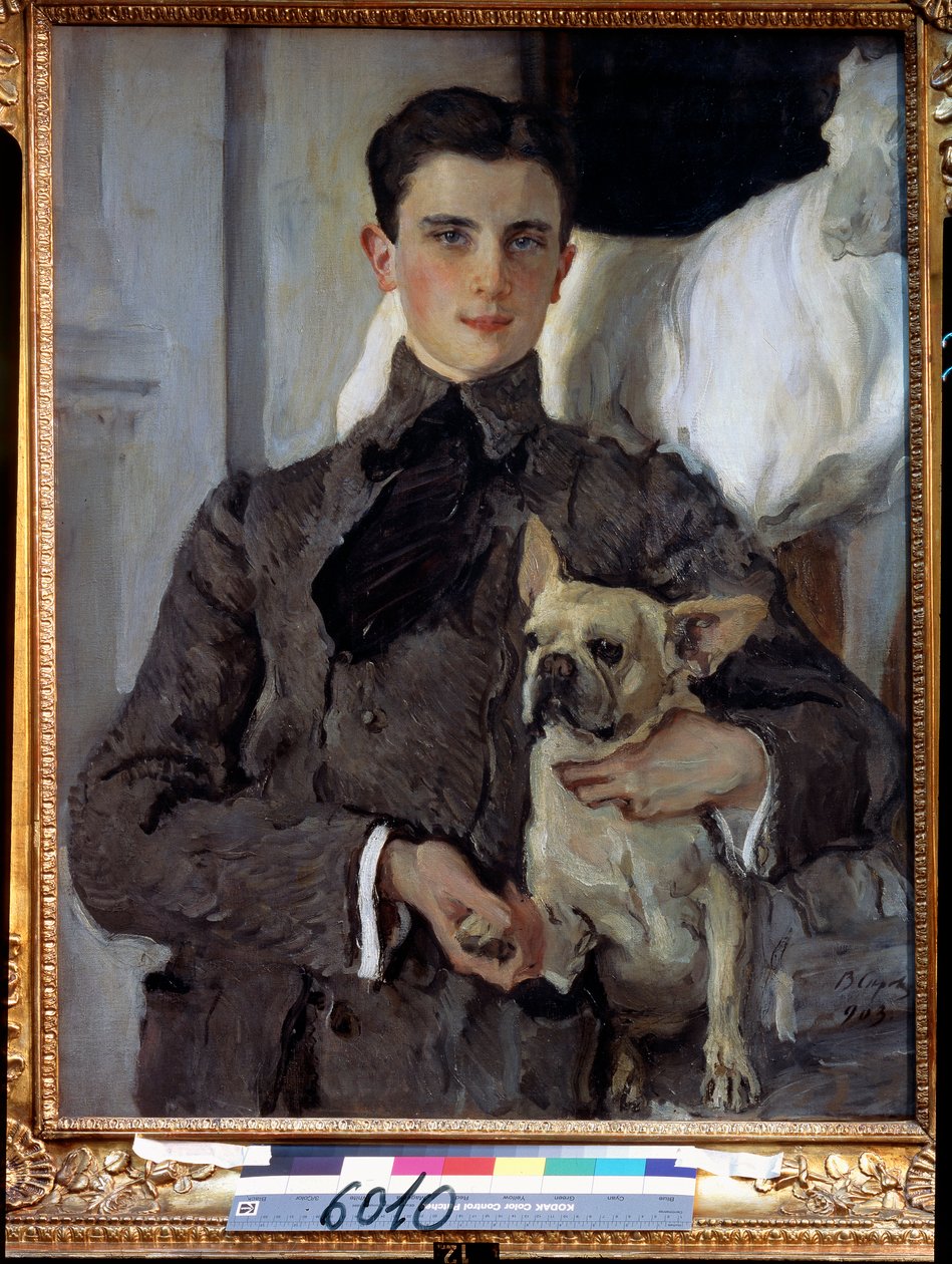 Retrato del Príncipe Felix Youssoupoff, Conde Soumarokov Elston (1887-1967), con un perro. (Retrato del príncipe Félix Yusupov, conde Sumarokov Elston, con un perro). Pintura de Valentin Alexandrovich Serov (1865-1911), óleo sobre lienzo de Valentin Aleksandrovich Serov