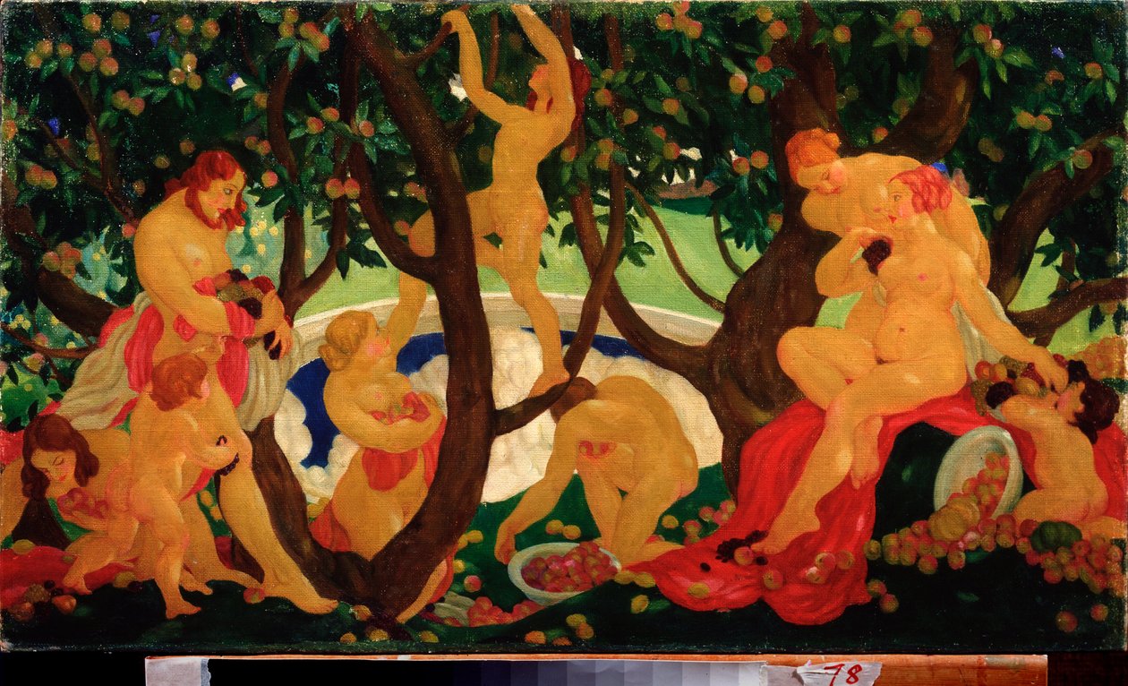 Gathering Aple - Pintura de Valentin Alexandrovich Yakovlev (1887-1919), óleo sobre lienzo de Valentin Alexandrovich Yakovlev