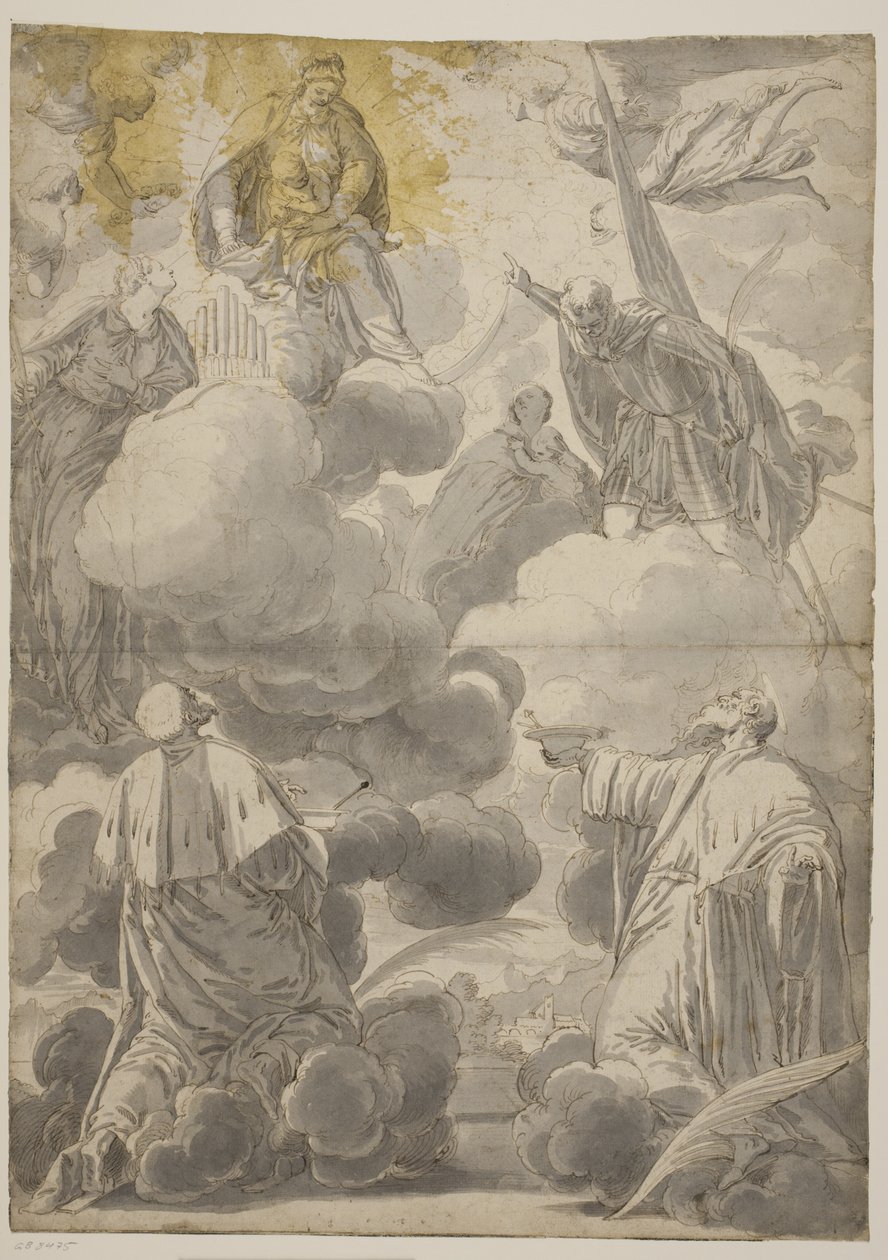 La Virgen y el Niño en las nubes rodeados de ángeles y los santos Cosme y Damián, Cecilia, Segundo y Marina de Valentin Lefèvre