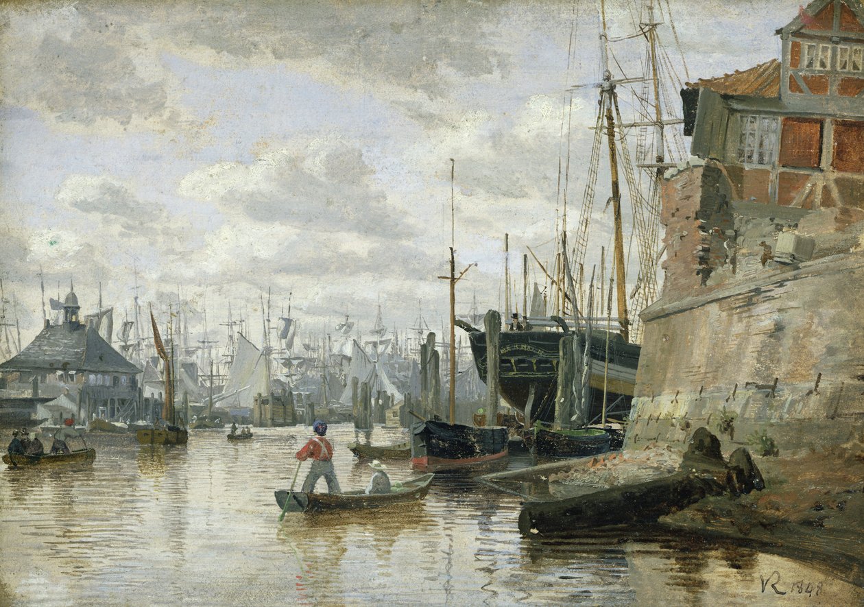 La cabaña de troncos en el puerto de Hamburgo, 1848 de Valentin Ruths