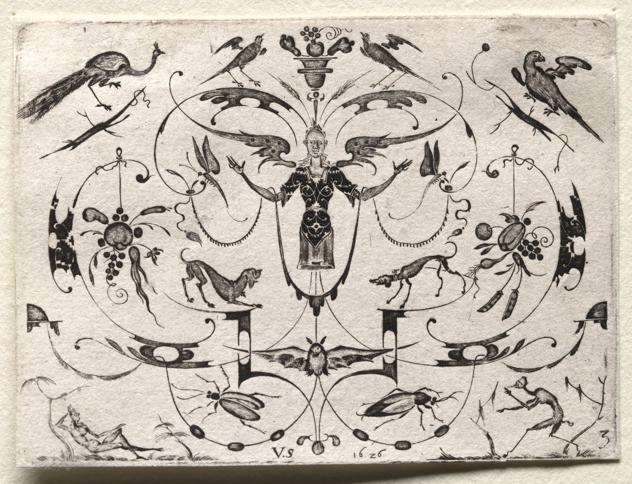 Arabesco con pavo real, periquito, perros e insectos de Valentin Sezenius