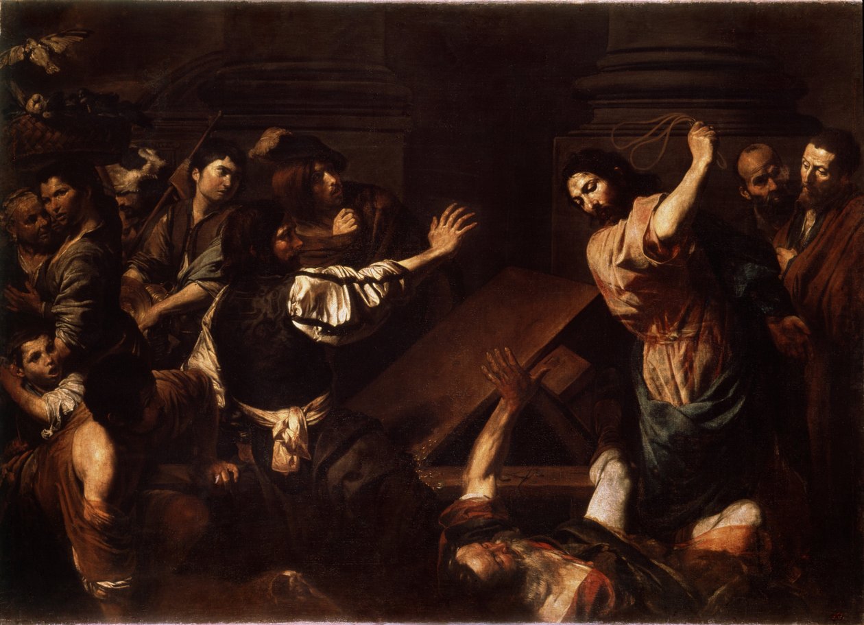 "Cristo expulsando a los prestamistas del templo" Pintura de Valentin de Boulogne (1591-1632) 1620-1625 Dim. 192x266,5 cm Museo del Hermitage, San Petersburgo de Valentin de Boulogne
