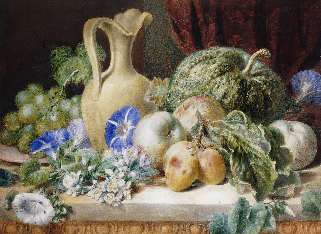 Naturaleza muerta con una jarra, manzanas, ciruelas, uvas y flores de Valentine Bartholomew