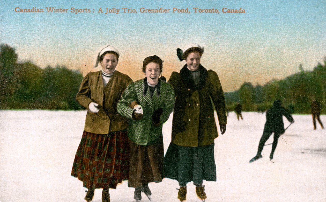 Deportes de invierno canadienses: Un trío alegre, Grenadier Pond, Toronto, Canadá, siglo XX de Valentine and Sons Publishing Co