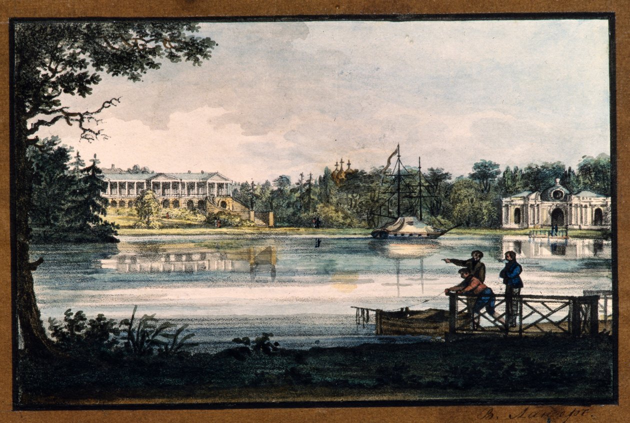 ""Galería Cameron en el Palacio de Catalina en Tsarskoye Selo"" de Valerian Platonovich Langer (1799-1870), litografía, acuarela, ca 1820, Museo Estatal al Aire Libre Tsarskoye Selo, San Petersburgo de Valerian Platonovich Langer