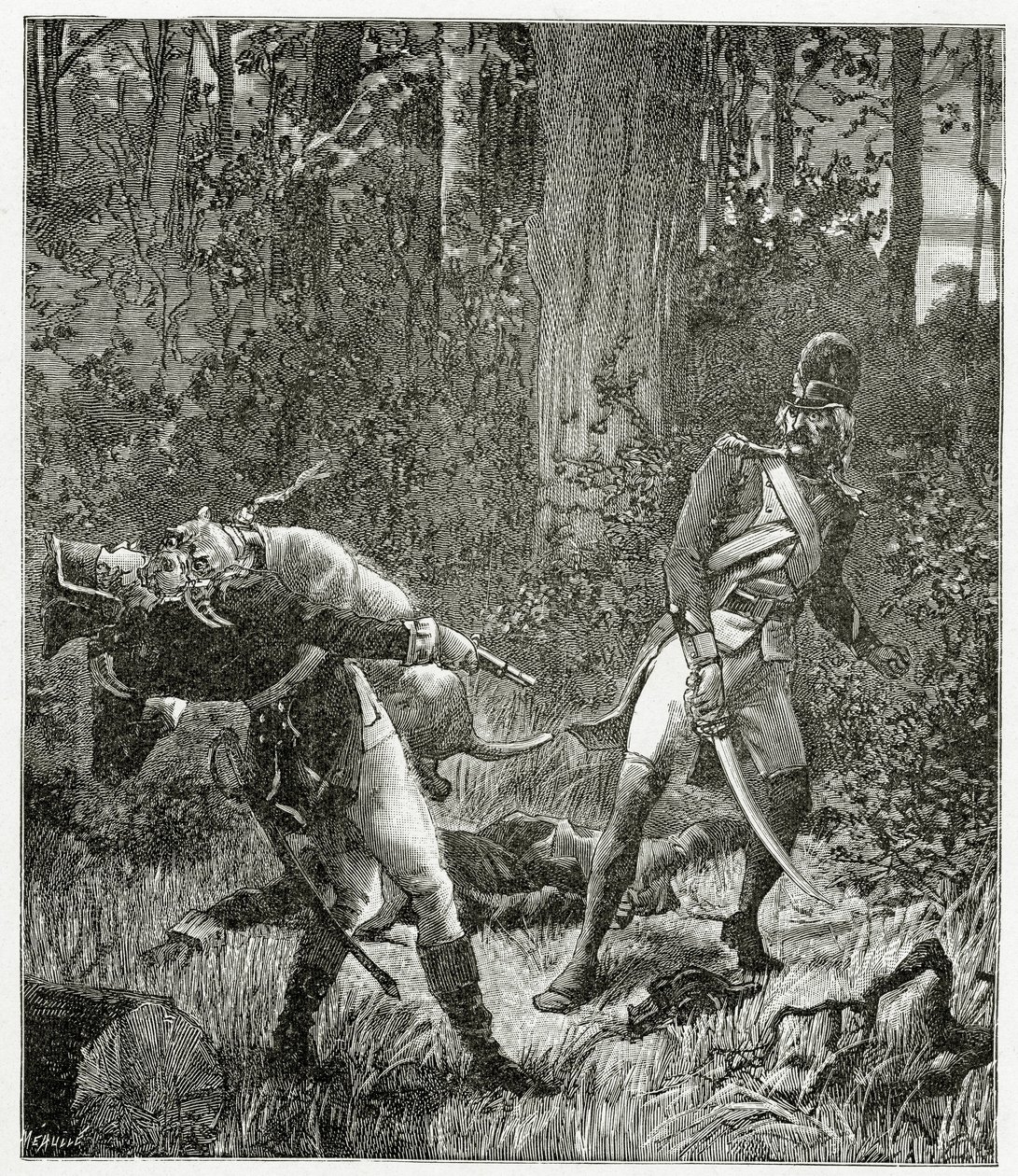 Rask el perro matando a un soldado inglés - ilustración de Bug-Jargal, siglo XIX de Valnay Pere et fils