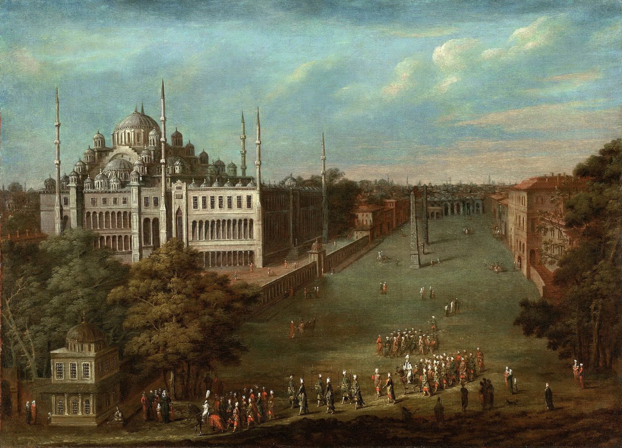 Procesión del Gran Visir en la Plaza del Hipódromo con la Mezquita del Sultán Ahmed, 1737 de Vanmour