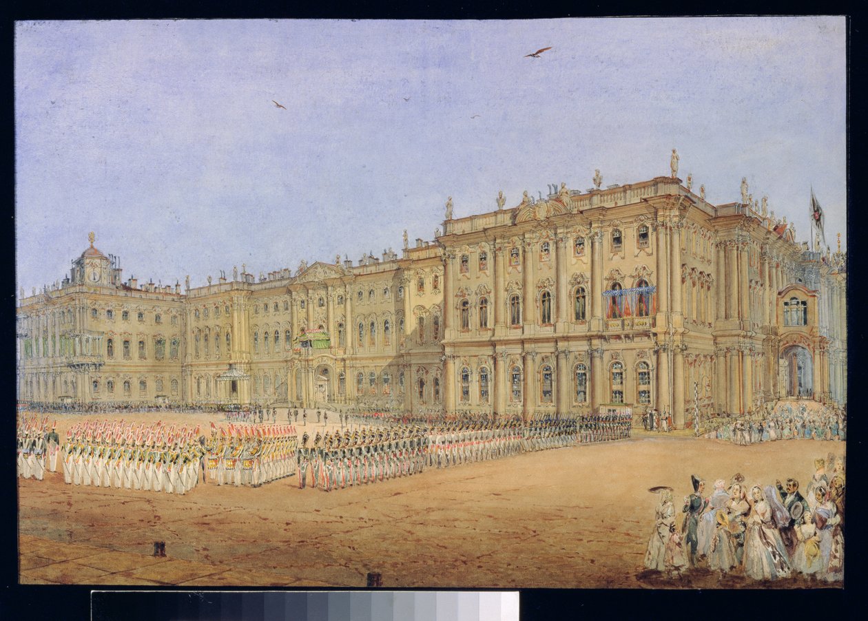 Revista en el Palacio de Invierno en San Petersburgo, 1840s de Vasili Semenovich Sadovnikov