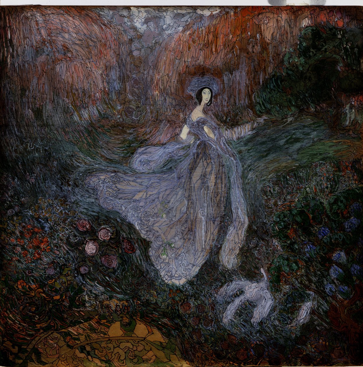 Por la mañana. Una mujer con velo camina hacia un pájaro en el suelo en un jardín de flores. Obra de Vasili Dmitrievich Millioti (1875-1943), acuarela, gouache y tinta sobre papel de Vasili Dmitrievich Millioti