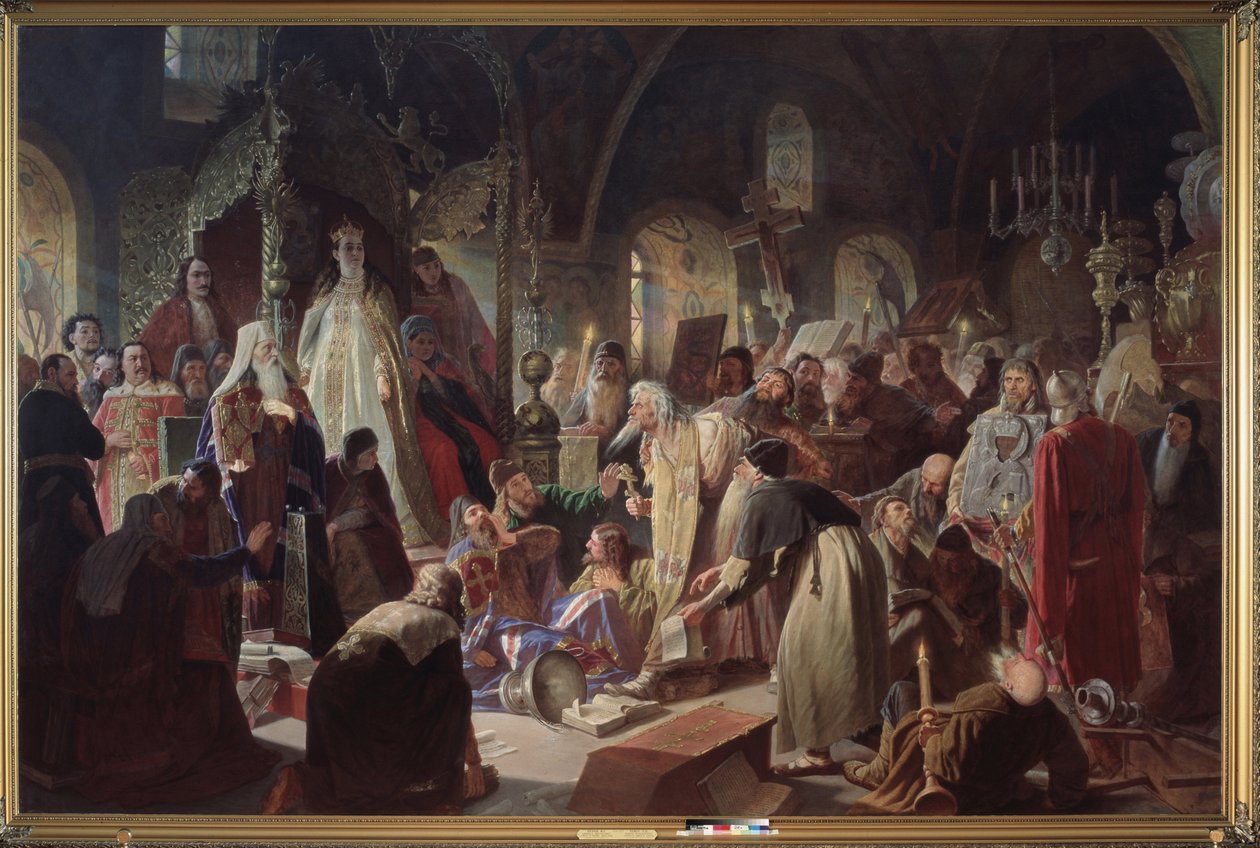 El Viejo Creyente (Old Believer) Papa Nikita Poustosviat (o Nikita Dimitriovich Dobrynine, fallecida en 1683) debatiendo con el Patriarca de Moscú, Joachim (1620-1690), sobre la cuestión de la Fe en presencia de la Regente Sophia Alexeievna Romanova ( 1657 de Vasili Grigorevich Perov