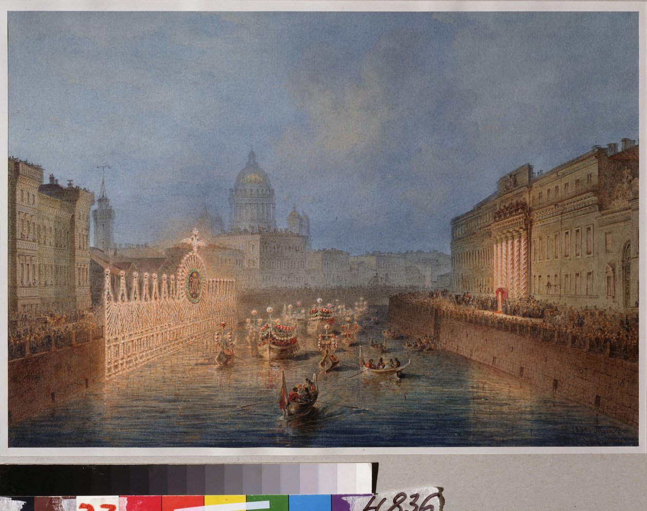 Iluminación del río Moika en San Petersburgo. Obra de Vassily Semyonovich Sadovnikov (1800-1879), acuarela sobre papel de Vasili Semenovich Sadovnikov
