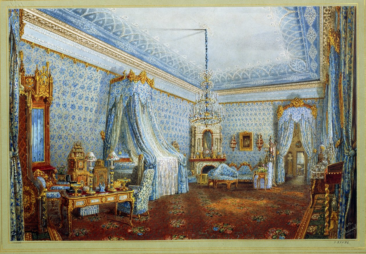 La habitación en el Palacio Yusupov (Palacio Moika) en San Petersburgo (La habitación en el Palacio Yusupov en San Petersburgo). Obra de Vasily Semyonovich Sadovnikov (1800-1879), acuarela sobre papel. arte ruso de Vasili Semenovich Sadovnikov