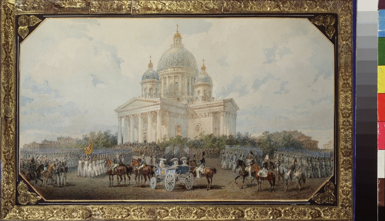 El desfile frente a la Catedral de San Isaac en San Petersburgo. Obra de Vasily Semyonovich Sadovnikov (1800-1879), acuarela sobre papel de Vasili Semenovich Sadovnikov