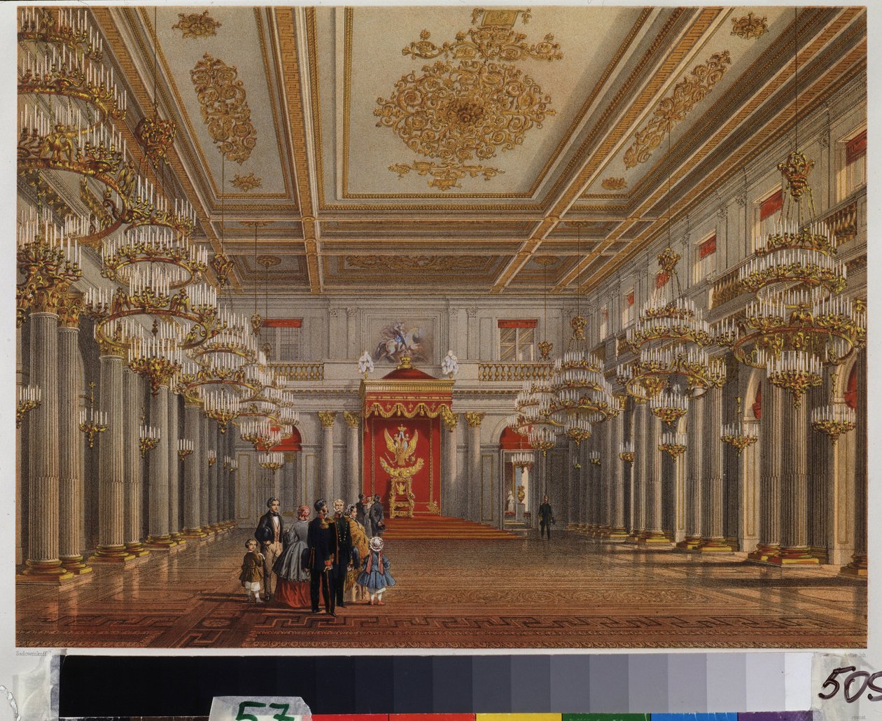 El Salón del Trono (Salón de San Jorge) del Palacio de Invierno de San Petersburgo. Obra de Vasily Semyonovich Sadovnikov (1800-1879), acuarela sobre papel. Arte ruso del siglo XIX. Museo Conmemorativo A. Pushkin, San Petersburgo. de Vasili Semenovich Sadovnikov