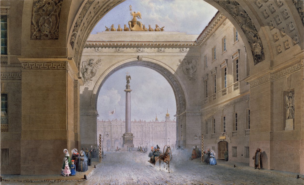 El arco del edificio del Estado Mayor en San Petersburgo. Obra de Vasily Semyonovich Sadovnikov (1800-1879), acuarela sobre papel, alrededor de 1830. Arte ruso del siglo XIX. Hermitage estatal, San Petersburgo. de Vasili Semenovich Sadovnikov