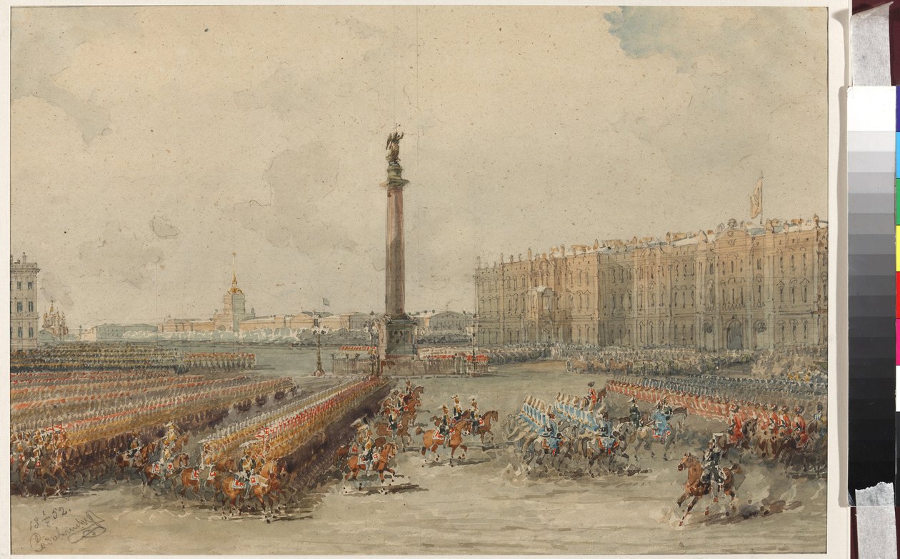 Desfile del Regimiento de Caballería de la Guardia en la Plaza del Palacio de Vasili Semenovich Sadovnikov