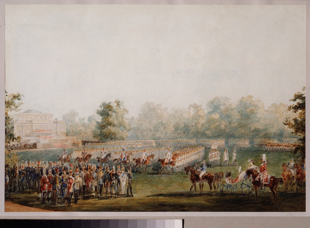 Desfile militar en el prado del palacio de Elagin en San Petersburgo. (Desfile de la Guardia Imperial). Obra de Vasily Semyonovich Sadovnikov (1800-1879), acuarela sobre papel de Vasili Semenovich Sadovnikov