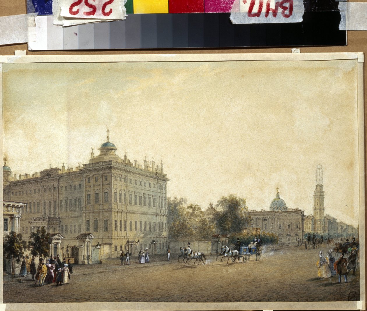 San Petersburgo. El Palacio Anichkov. (San Petersburgo. El Palacio Anichkov). Obra de Vasily Semyonovich Sadovnikov (1800-1879), acuarela sobre papel, hacia 1830. Arte ruso de Vasili Semenovich Sadovnikov