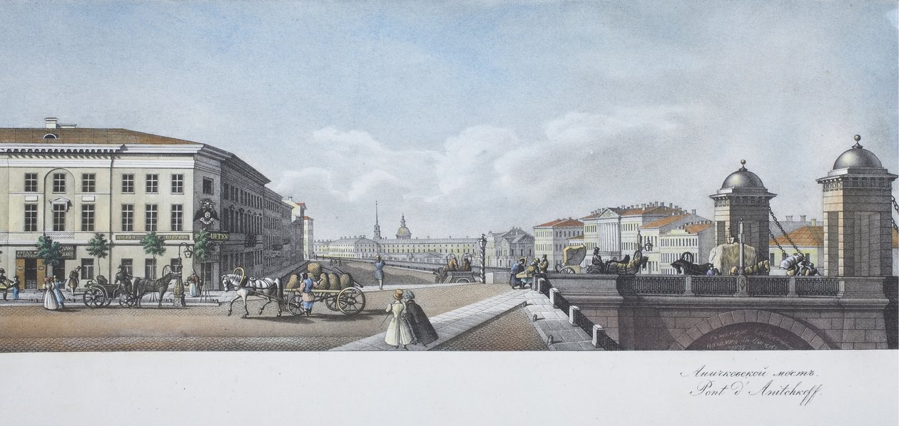 El puente Anichkov desde el panorama de la avenida Nevsky de Vasili Semenovich Sadovnikov