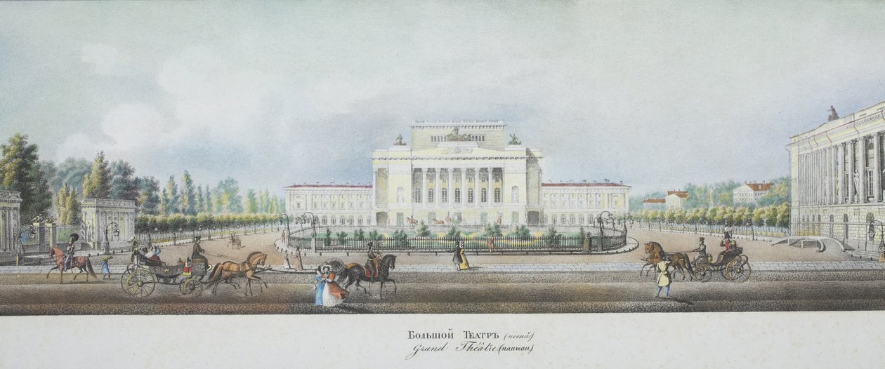 El Teatro Imperial Bolshoi Kamenny de San Petersburgo desde el panorama de la Avenida Nevsky de Vasili Semenovich Sadovnikov