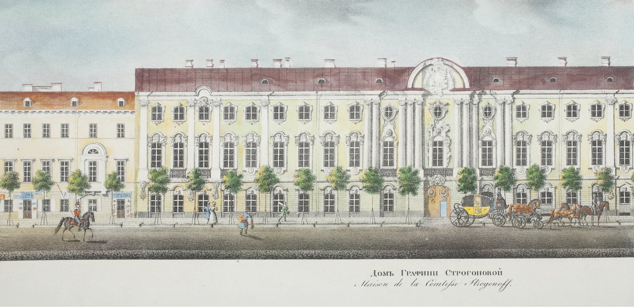 El Palacio Stroganov desde el panorama de la Avenida Nevsky de Vasili Semenovich Sadovnikov